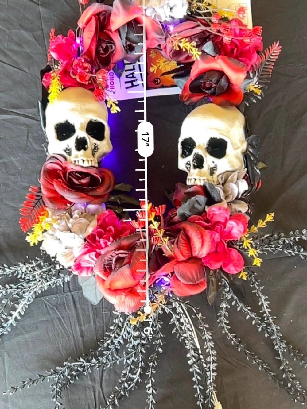 Halloween Skull Floral Wreath - Red & Black